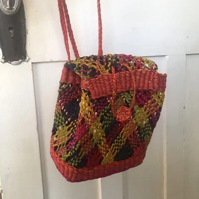 Handmade Peruvian Artisan Red Backpack Straw Size Small Womens Kids Made In Peru - Image 1 of 4