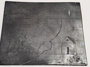Alekos Fassianos Engraved Metal Printing Plate Fish & House & Trees. Signed. - Picture 1 of 11