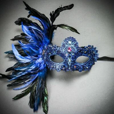 Venetian Halloween Masquerade Costume Blue Feather Women Mardi Gras Party Mask - Image 1 of 4