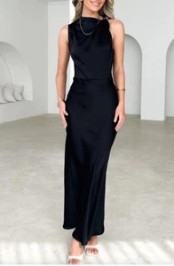 NEW TIGERMIST BLACK SATIN GOLD DETAIL MAXI EVENING FORMAL DRESS 8 10 - Foto 1 di 6