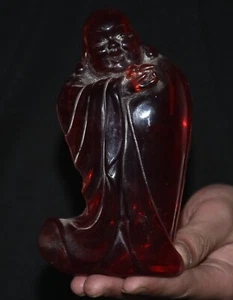 6" Old Chinese Natural Amber Carved Buddhism Stand Maitreya Buddha Statue - Picture 1 of 13