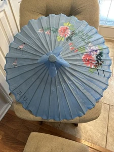 OMBRELLO OMBRELLONE GIAPPONESE dipinto a mano fiori TESSUTO BLU e bambù - Foto 1 di 20