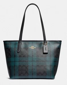 NWT Coach City Zip Tote In Signature Canvas With Plaid Print Black Deep Ocean - Picture 1 of 1