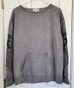 Knox Rose Boho Floral Embroidered Pullover Sweatshirt Gray Pockets Stretchy sz M - Picture 1 of 8