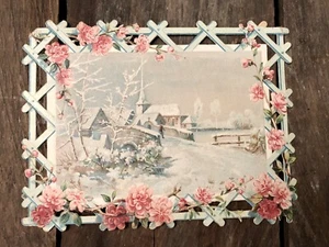 Vintage Christmas Card Lattice Flowers Village Scene - Picture 1 of 8