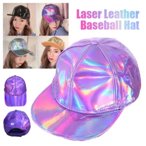 PU Leather Holographic Laser Baseball Cap Unisex Women Men Colorful Party Cap - Picture 1 of 29