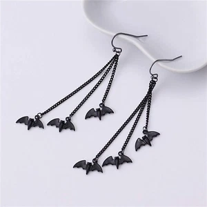 Black Bat Goth Dangle Earrings - Halloween, Punk Earring Jewelry - Vampire - Picture 1 of 5