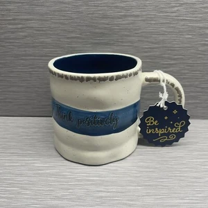 Think Positively Mug Beige, Blue Textured Coffee Tea Mug w/ Tag Be Inspired - Picture 1 of 7