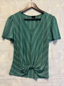 W5 Bluse Damen S dunkelgrün weiß gestreift gerafft vorne V-Ausschnitt Kurzarm - Bild 1 von 8