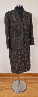 Hobbs Black Beige Suit Size 14 Jacket Skirt Woven Pencil Full Zip Cotton LINEN - Image 1 of 4