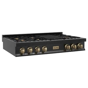 NEW ZLINE 48" RANGETOP 7 GAS BURNER BLACK STAINLESS CHAMPAGNE ACCENTS RTBZ-48-CB - Picture 1 of 6