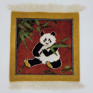 Wall Hanging Rug Tabletop Doll House Hand Knotted Panda Bear Bamboo Fringe 12x12 - Picture 1 of 16