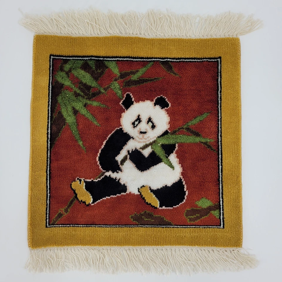 Wall Hanging Rug Tabletop Doll House Hand Knotted Panda Bear Bamboo Fringe 12x12 - Image 1 of 4