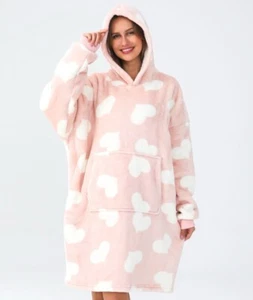 LADIES LOVE HEARTS SNUGGLE FLEECE HOODIE SUPER SOFT COSY KEEP U WARM ONE SIZE - Picture 1 of 4