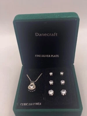 Danecraft Teardrop Cubic Zirconia Necklace & 3 Stud Sets New in Green Velvet Box - Image 1 of 4