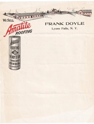 SUPER Advertising Letterhead- Litho Color ca 1910 Lyons Falls NY Amatite Roofing - Image 1 of 3