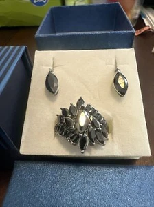 Black Rhinestone Stainless Steel SilverTone Fashion Ring with Earrings—Size 8 - Picture 1 of 4