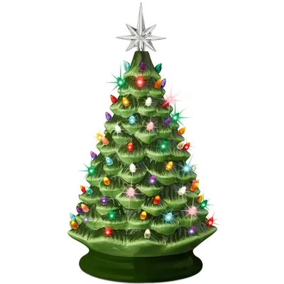 18In. Green Pre-Lit LED Ceramic Artificial Christmas Tree with 93 Multicolor Lig - Image 1 of 4