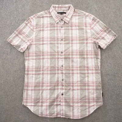 John Varvatos 衬衫男式中号白色灰色纽扣格子短袖口袋 — 第 1/4 张图片