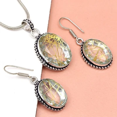 Conjunto de pendientes de oro rutilo joyería 18-20"" colgante cuarzo esterlina Foto 1 de 4