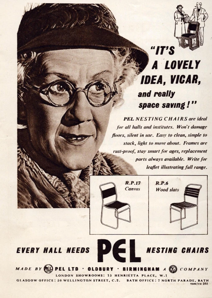 Anuncio impreso de sillas anidadoras PEL 1953 PEL Ltd Birmingham Reino Unido muebles ahorro de espacio Foto 1 de 1