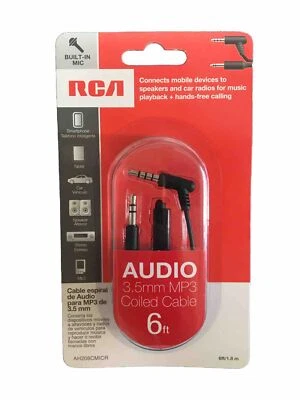 Cable en espiral RCA Audio 3,5 mm MP3 MP4 6 pies/1,8 m con micrófono incorporado NUEVO Foto 1 de 3