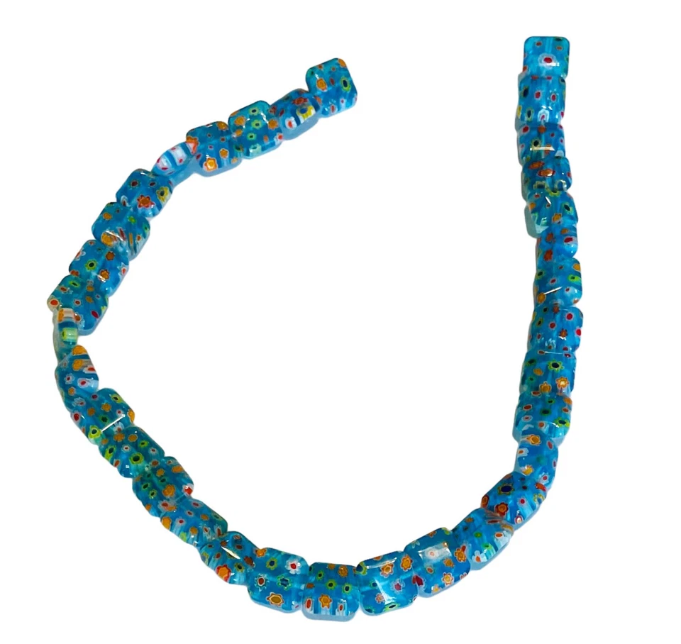 Millefiore Flowers ART GLASS BEADS Aqua Teal Square STRAND - Image 1 of 1