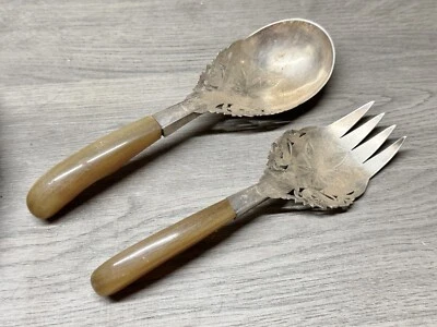 ANTIQUE SOLID SILVER MALAYSIA SALAD SERVING SPOON FORK SET HAND CARVED - Image 1 of 4