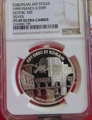 1999 France Silver European Art Styles  Greco Roman Gothic Art  Francs NGC PF69 - Image 1 of 4