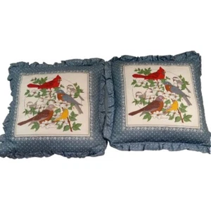 Vintage Country Pillow Covers Only Birds 16x16 blue Ruffled Farmhouse Chic - Picture 1 of 11
