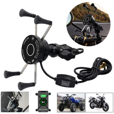 2in1 Motorcycle Phone Mount Holder With Wired Wireless Charger Fast Charging - Image 1 of 4