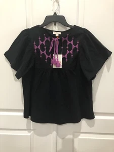 Knox Rose Top Black/Magenta XS Flutter Short Sleeve Embroidered Top New - Picture 1 of 10