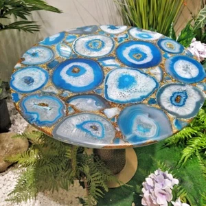 Mesa redonda de 15""x15"" ágata azul extremo lateral hecha a mano para decoración de sala de estar muebles - Imagen 1 de 9