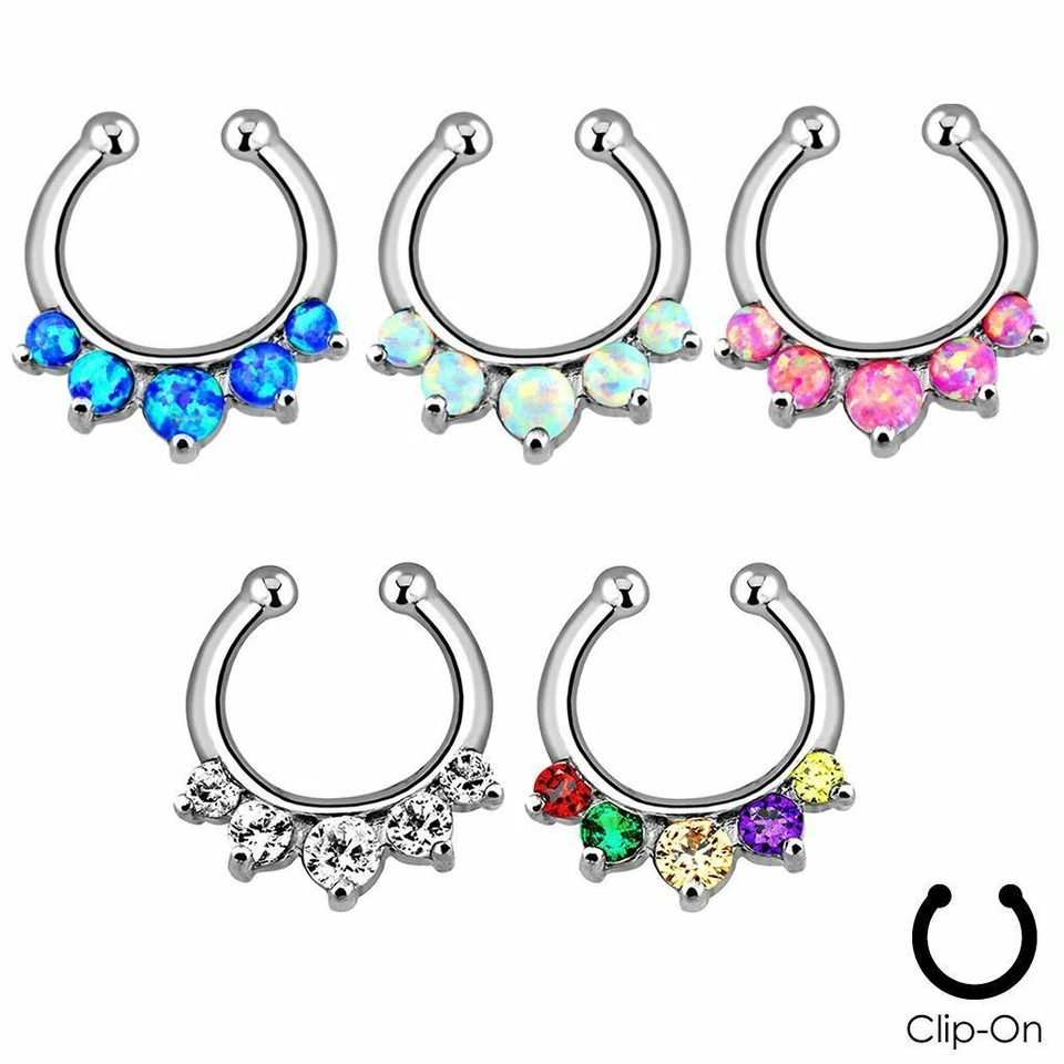 Clip On Fake Septum Clicker Non Piercing Nose Ring Hoop Synthetic Opal CZ - Image 1 of 1