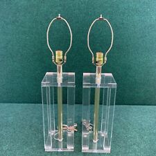 PAIR VINTAGE MID CENTURY ACRYLIC LUCITE BRASS TABLE LAMPS  27” Tall Free Ship