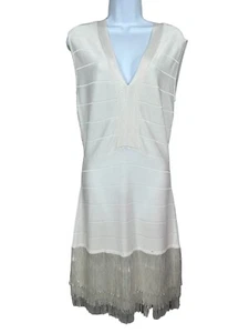 Venus Size 10 Dress Bandage Bodycon Fitted White Flapper Fringe V-neck Stretch - Picture 1 of 19