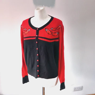 Voodoo Vixen Women's Cardigan 3XL Red Black Glasses Embroidered Kitsch Retro Fab - Image 1 of 4