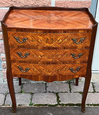 Antik Massivholz 3 Schubladen Intarsien Kommode 63 cm Hoch - Bild 1 von 4