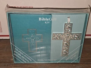 New! KJV Bible & Cross Ornament w/Swarovski Crystals, Gift Set, Teal Green - Bild 1 von 2