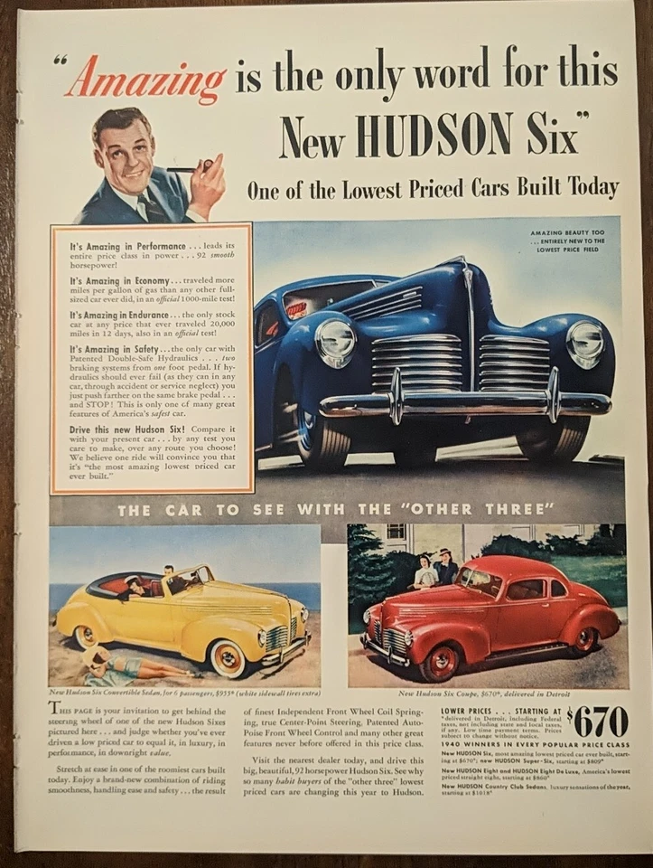 1940 vintage Hudson Six Blue, Red And Yellow 2 Door Sedan Pre WWll  - Image 1 of 1