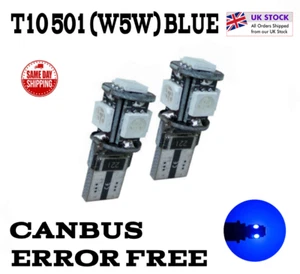 2X T10 W5W 501 CANBUS ERROR FREE LED BULBS 5 SMD BLUE INTERIOR SIDELIGHTS - Picture 1 of 4