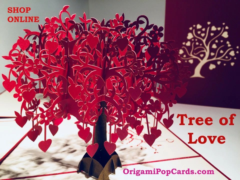 ORIGAMIPOPCARDS.COM Origami Pop Cards Red Tree of Love Hearts 3D Pop Up Greeting Card Birthday Love.