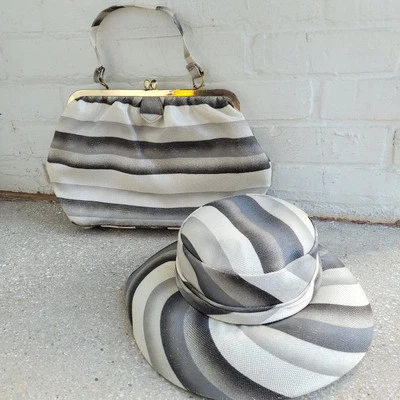 1950s Vintage Matching Purse & Hat Set Gray Stripe Classy Pinup Retro RARE - Image 1 of 4