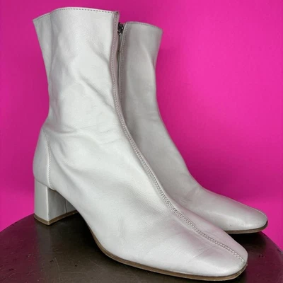 Bota Zara Crema Cuero Suave Puntera Cuadrada Tacón Bloque Talla 39 Foto 1 de 4