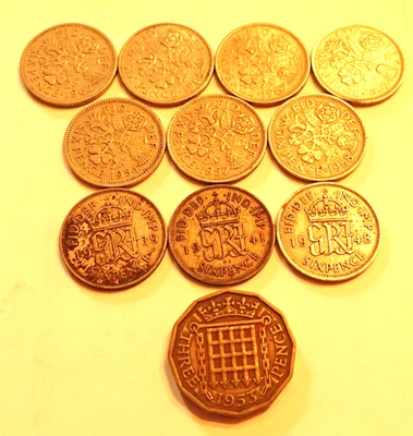 10 Шесть пенсов и 1 три пенса монеты - 1967 AU/BU - $7,20 серебро расплавить значение - Изображение 1 из 4