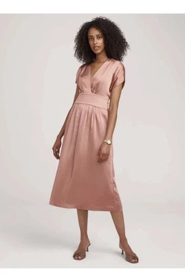 Nuevo con etiquetas Vestido Anne Klein Lavado Satén Rosa Anís Cuello en V Corbata Midi Talla 10 Foto 1 de 4