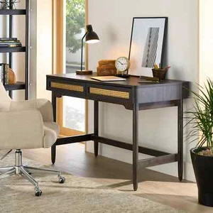Retro-Style Springwood Caning Home Office Desk with 2 Drawers, Espresso - Picture 1 of 5