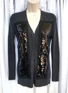 Simply Vera Wang Soft Gray Dressy Casual Cardigan Sweater L Black Sequin Chiffon - Picture 1 of 15