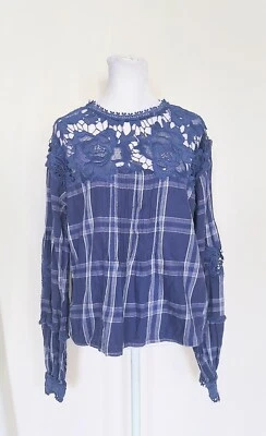 Free People 中号 Darling Diana 刺绣蕾丝长袖格子衬衫 — 第 1/4 张图片