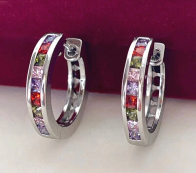 Luxus Ohrringe Creolen Zirkonia Kristalle Bunt 750er Weißgold 18K vergoldet 18mm - Bild 1 von 4